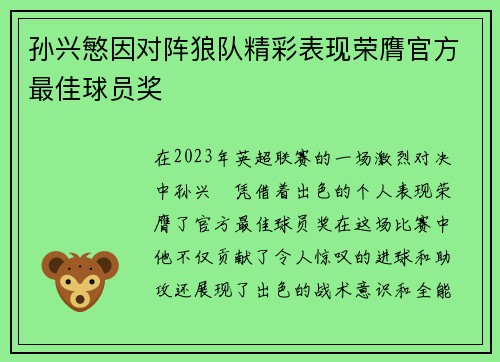 孙兴慜因对阵狼队精彩表现荣膺官方最佳球员奖